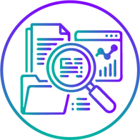 Man at a desk with a laptop in front of him. He's in front of a wall covered with charts and information. Vector illustration style.